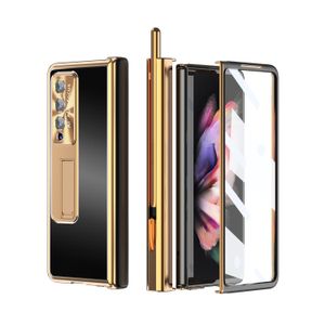 4 In 1 metalen standaardgevallen voor Samsung Galaxy Z vouw 3voudig 4 5G Case Glass Filmscherm Beschermer Scharnier Pen Slot Harde omslag