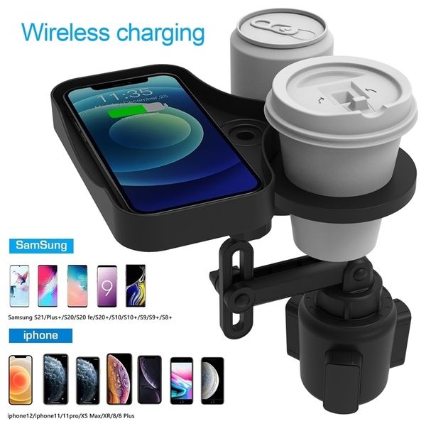 4 en 1 Mintiml Cup Holder Expander Adapter Bandeja de carga USB inalámbrica giratoria para el organizador del teléfono del vehículo Botella de bebida 211112