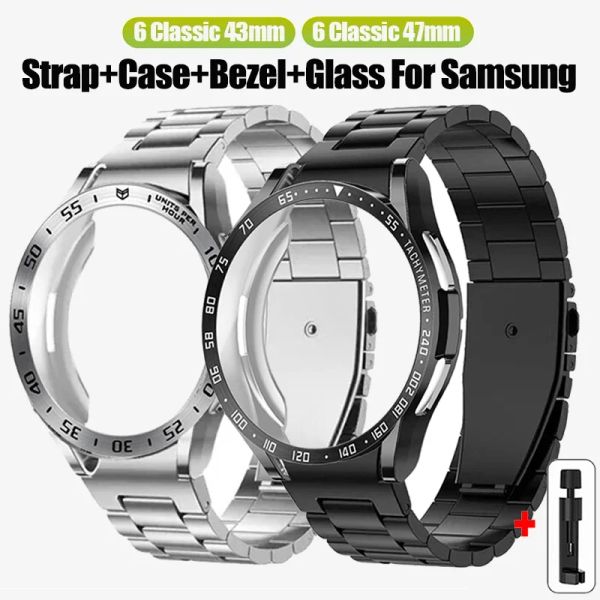 Kit de Modification 4 en 1 pour Samsung Galaxy Watch 6 Classic, 43mm 47mm, bracelet en métal et acier inoxydable, boîtier en TPU, Film de protection de lunette