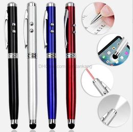 4 in 1 multifunctionele pen zaklamp Stylus Touchscreen rode straal Laserpuntaanwijzer Aluminium metalen pennen met LED-licht Balpen voor telefoon