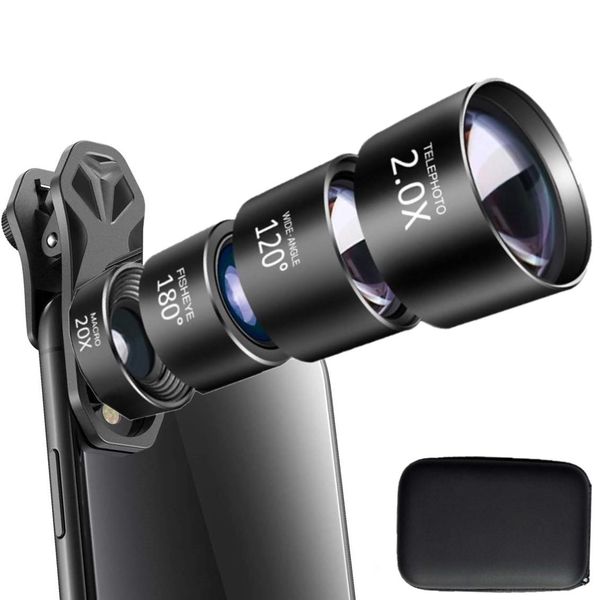 Kit d'objectifs de caméra 4-en-1, 180 ° Fisheye + 120 ° grand angle + téléobjectif 2x + macro 20x, objectif zoom pour appareil photo téléphonique mobile 30