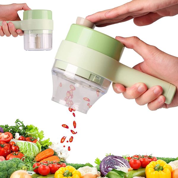 4 en 1 Juego de cortador de vegetales eléctrico portátil Cocina Mini Procesador de alimentos inalámbrico Ajo Chile Cebolla Apio Jengibre Picadora de carne con cepillo