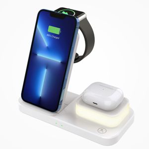 4 em 1 Qi Fast Wireless Charger Stand com Night Lamp para iPhone 13 12 11 X 8 Apple Watch 7 Airpods Pro LED Light Dock Station Dockable Charging Samsung S21 S20