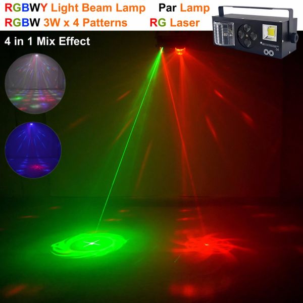 Livraison gratuite 4 en 1 RG Laser Gobos mixte stroboscope Par lampe RGBWY faisceau LED DMX lumière DJ fête spectacle maison vacances noël scène lampe