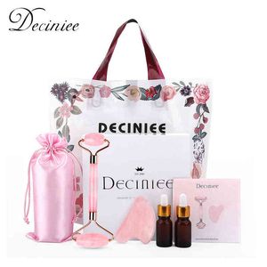 4 en 1 Rose Quartz Jade Roller Gua Sha Set avec bouteille d'huile essentielle Masseur de visage Outil de levage Massage naturel du visage SPA220429