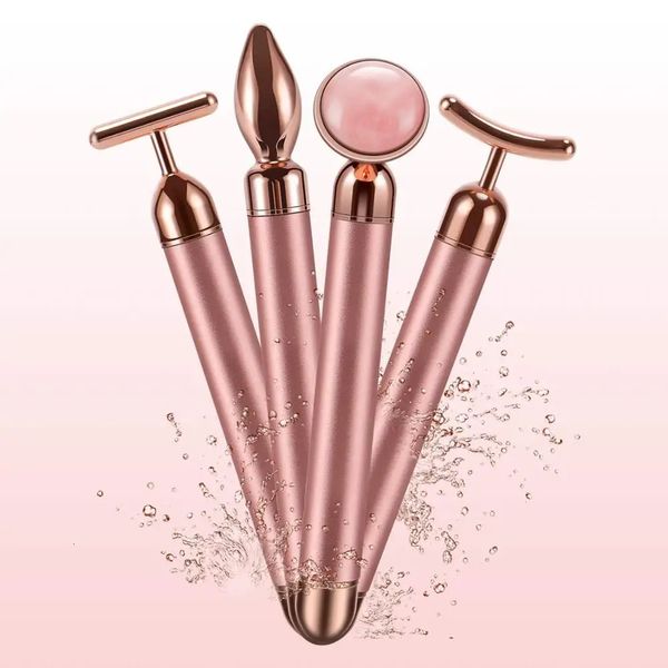 4 en 1 Rodillo vibratorio de cuarzo rosa Rodillo facial Masajeador de ojos Rodillo de jade T / V En forma de levantamiento facial Adelgazamiento Belleza Cuidado Masajeador 240112