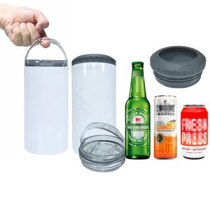 Gobelet refroidisseur de canette de sublimation 4 en 1 de 16 oz avec couvercles à poignée de transport Refroidisseurs isolés sous vide en acier inoxydable à double paroi Deux couvercles pour bouteilles de bière standard