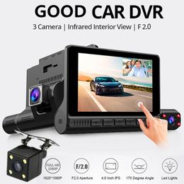 4 pouces HD 1080P Enregistreur vidéo DVR de voiture à 3 objectifs Dash Cam Smart G-Sensor Caméra arrière Grand angle de 170 degrés Ultra résolution avant avec intérieur avec caméra arrière