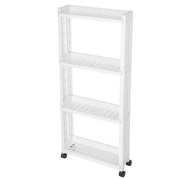 Scaffale da cucina a 4 strati Slim Slide Tower Mobile Assemblare Mensola da bagno in plastica Ruote Organizer salvaspazio