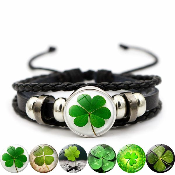 Pulsera de trébol de 4 hojas de cuero tejida con símbolo de amor de la suerte, pulsera con dije de trébol de cuatro hojas para mujeres y niñas