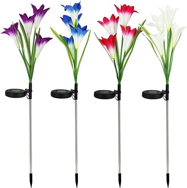 4 LED Solar Power Lily Flower Stake Lights Outdoor Garden Path Lampes lumineuses Décorations de Noël - Bleu