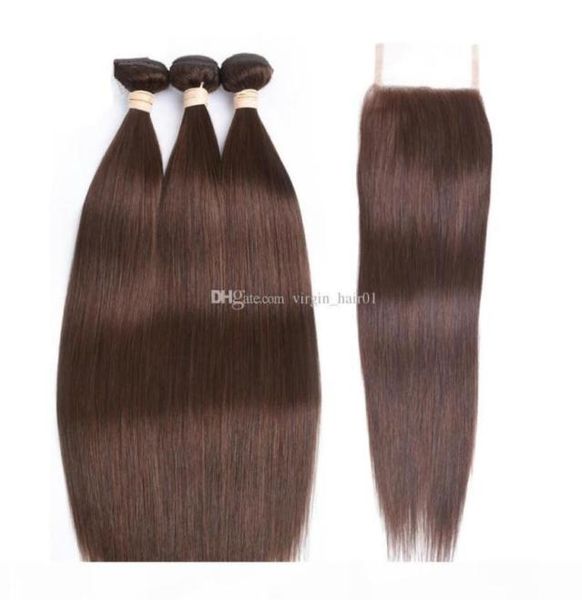 4 paquetes de cabello virgen liso de color marrón medio con cierre de encaje El cabello humano peruano marrón castaño teje con 44 encajes superiores C574562344