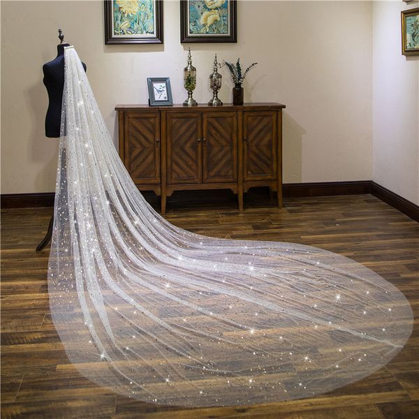 Velo catedral de 4 metros para vestido de novia Vestido de novia brillante Satrs Blanco marfil Tul suave Tul blanco marfil Una capa con peine319x