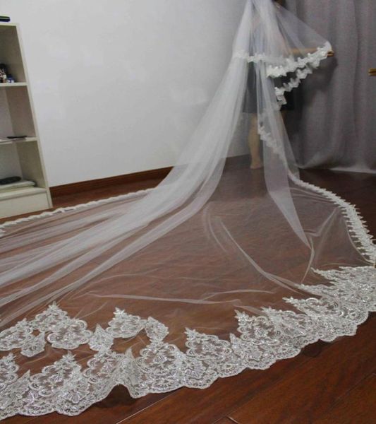 4 mètres Fond Edge avec dentelle à deux couches Sequins Beau Veil de mariage long Velos de Novia Veil 8443764