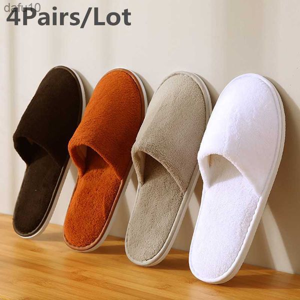 4 par/lote mezcla de colores Coral polar hombres mujeres barato desechable Hotel zapatillas algodón toboganes hogar viaje SPA zapatilla hospitalidad L230704