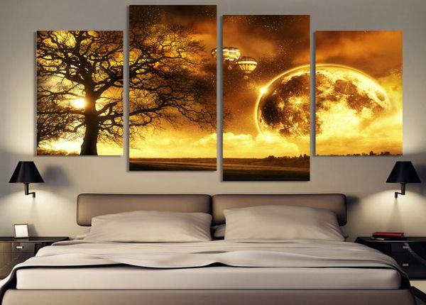 4 paneles de árbol antiguo impreso universo pinturas espaciales cuadro de lienzo Cuadros pintura de paisaje de tierra para sala de estar 2 sin marco6798681