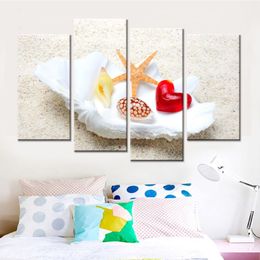 4 Panelen Drop Unframed Strand Schelpen Zeester Zeegezicht Canvas Wall Art Schilderen voor Woonkamer Thuis Decoration302o