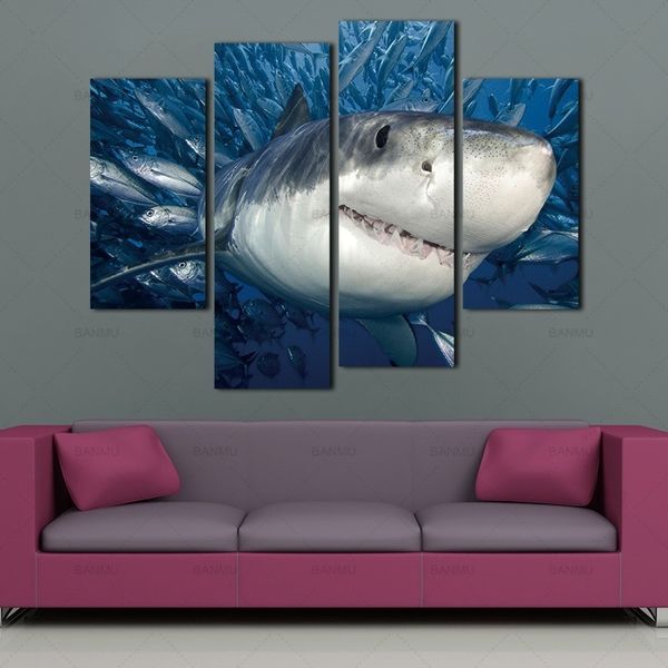 4 panneaux KIT affiches sans cadre toile mur Art photo impression grand requin blanc toile peintures décorations murales pour salon