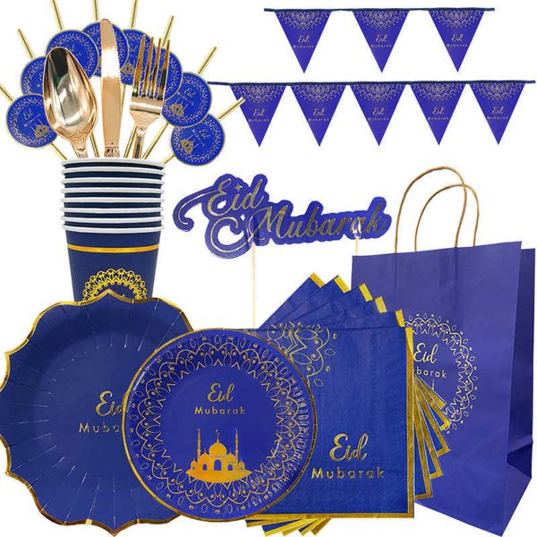 4 PC Emballage Cadeau Ramadan Kareem Vaisselle Jetable Ensemble Ramadan Mubarak Tasse Assiette Eid Mubarak Bannière Ballons Décorations De Fête Islamique Musulmane Z0411