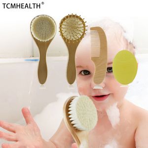 4-teiliges Baby-Haarbürsten-Kamm-Set, weiche Ziegenborsten-Haarbürste, Silikon-Milchkappenbürste für Neugeborene und Kleinkinder