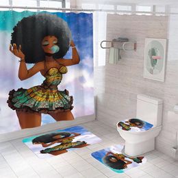 4 PCS Baño Cortina de ducha Conjunto de dibujos animados africanos Cortinas de baño de niña africana impresión U Cubierta de colchoneta 180x180cm asiento de inodoro 3380