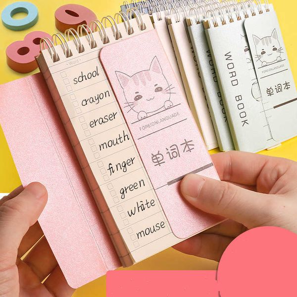 Bloc de notas de escritorio creativo, libro de bobina de palabras en inglés, cuaderno diario de viaje con dibujo de gato, notas de mano, 4 Uds.