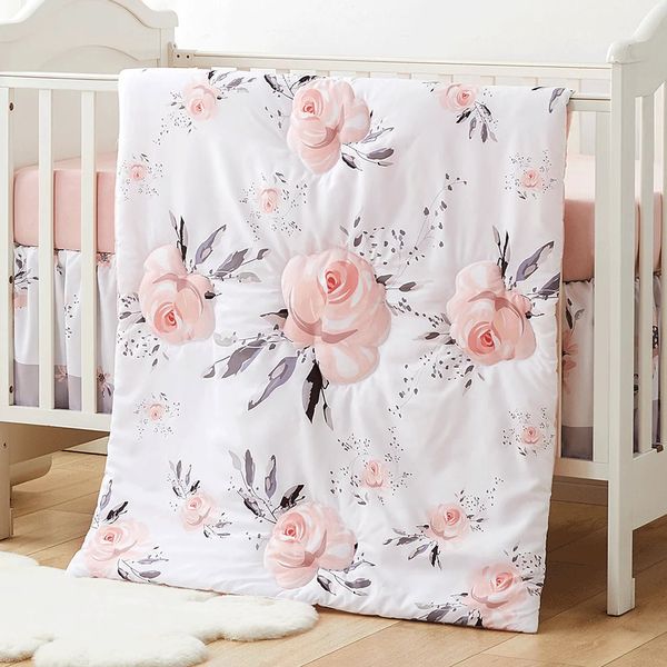 4 pièces ensemble de literie de berceau pour garçons filles, y compris couverture jupe de berceau draps de berceau empileur de couches fleur rose ensemble de literie de bébé doux 240219