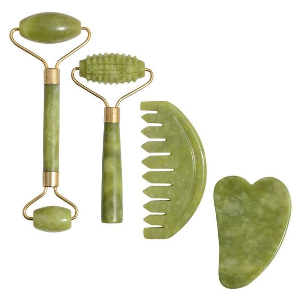 Ensemble d'outils de Massage du visage, rouleau de Jade naturel vert pour les soins du visage et le Massage du corps avec plaque grattoir pour la peau, 4 pièces