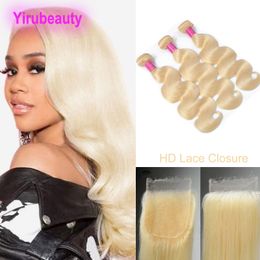 4 PCS/Lot Blonde Color 3 Bundels met HD 5x5 Lace Sluiting Gratis onderdeel Peruaans 100% HUSH HAAR Silachtige rechte lichaamsgolf Haarproducten 613#