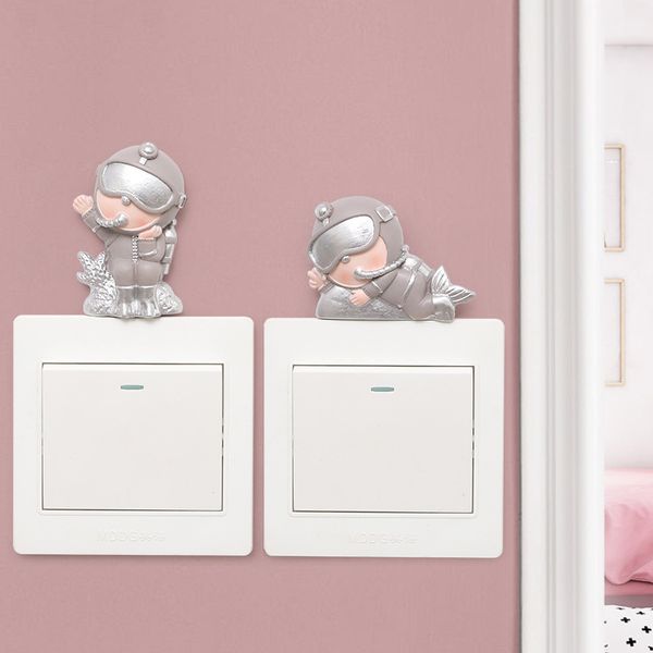 4 pièces Lot dessin animé 3D plongeur interrupteur autocollant mignon résine décoration murale autocollants muraux pour enfants chambres maison interrupteur décoration accessoires