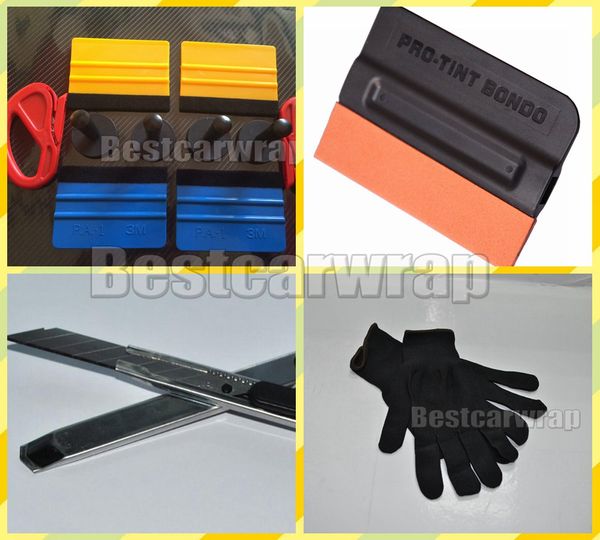 Pince magnétique 4pcs / 4 pcs Raclette 3M et 1 pcs Ruban sans couteau Design Line 2 Pcs couteau cutter 1 paire de gants et couteau Car wrap Kits d'outils