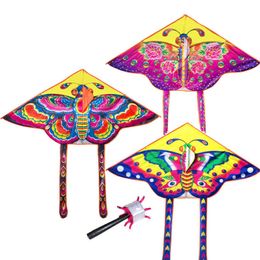 Cerf-volant papillon arc-en-ciel en Nylon, jouet d'extérieur pour enfants, barre et ligne de contrôle de 60M, mélange de couleurs aléatoires, vente en gros, 3 pièces/ensembles 90x55cm