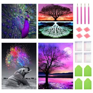 4 pièces/ensemble 5D bricolage diamant peinture Kit pour adultes plein foret broderie Arts artisanat maison décoration murale paon éléphant arbres KDJK2106