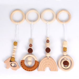 Clips 4 Pcs/Set Baby Teething Nursing Rattle Toys Gifts Play Frame Stroller Hanging Pendants Wooden Ring Teether Molar