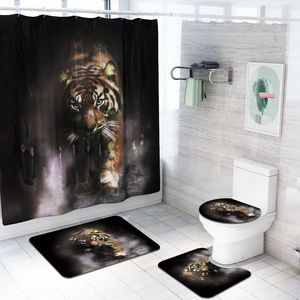 4 pièces/ensemble accessoires de salle de bain animaux loup, tigre, paon, Lion rideau de douche ensemble de tapis de bain couverture de toilette ensemble de tapis de bain rideaux