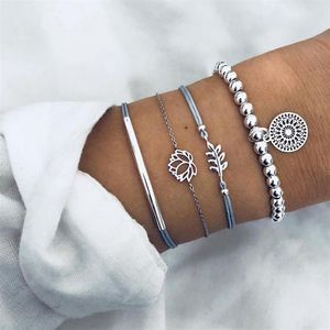 4 pièces ensemble Boho feuilles creuses Lotus capteur de rêves perles chaîne en cuir argent multicouche Bracelet femme charme bijoux accessoires2080