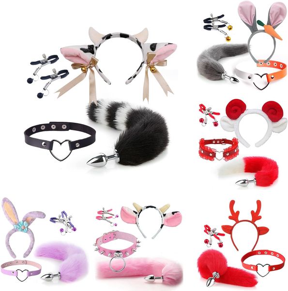 4 PCS Set Fun Cow Mouton Antilope Rabbit sexy Maid Tie Tie Earpin Sm Sm Metal Tail Anal Plug.Cosplay Neck Chest Bondage Accessoires Toy sexuel pour femmes hommes hommes masculins unisex