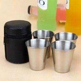 4 pcs/set pulido 30 ml mini copa de vidrio de chupito de acero inoxidable bebiendo copas de vino con bolsa de tapa de cuero para la barra de cocina en casa