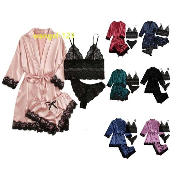 4 PCS Set Women's Nightgown Sexy Lingerie V-Neck en dentelle Robes Satin Silk Pyjamas Sans manches pour femmes