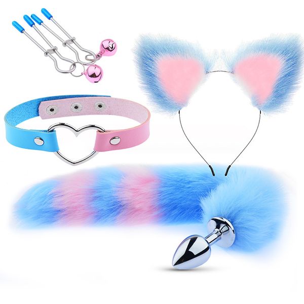 Ensemble de 4 pièces, Plug Anal queue de renard, oreilles de chat, bandeaux, pince à téton, collier de cou, Cosplay érotique, jouets sexuels pour Couple