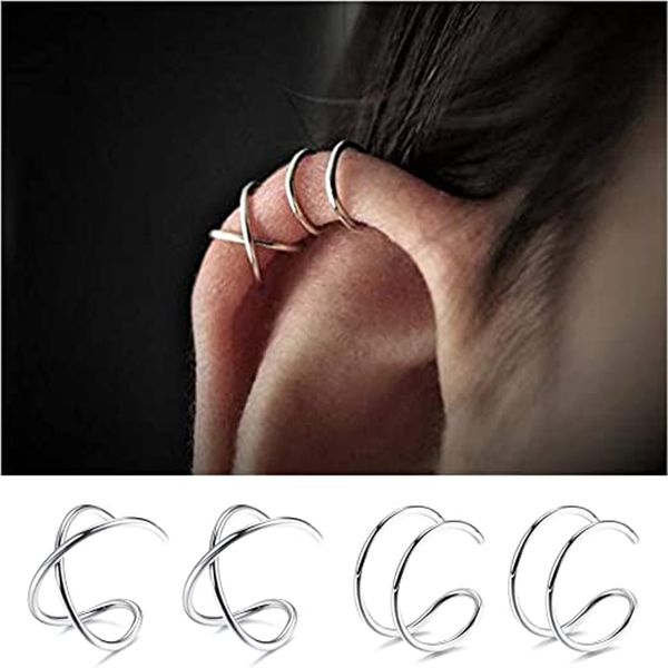 4 pièces en acier inoxydable manchette d'oreille Criss Cross Double lignes manchettes d'oreille Non Piercing minimaliste faux Helix Earcuff Cartilage boucle d'oreille