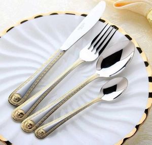 4 PCSSET DINING SET VINTAGE WESTERS GOUD GOLD DINDER FORK Knife Golden bestek set roestvrijstalen gravure servies T1914859709