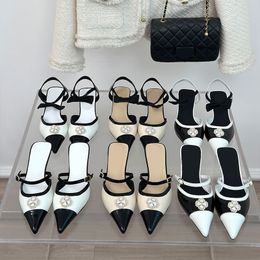 4 perlas zapatillas de diseñador mujeres diapositivas de lujo Slingbacks sandalia deslizante 3,5 cm tacón de cuña sandalias de encaje huecas cuero punta puntiaguda señora sexy zapatos elegantes comodidad 35-41
