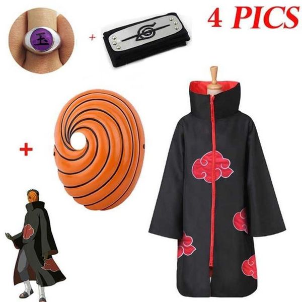 4 FOTOS Akatsuki Uchiha Tobi Obito Akatsuki Cosplay Disfraz Capa Máscara Halloween Hombre Mujer Cosplay Disfraz Diadema Accesorios Y08258n