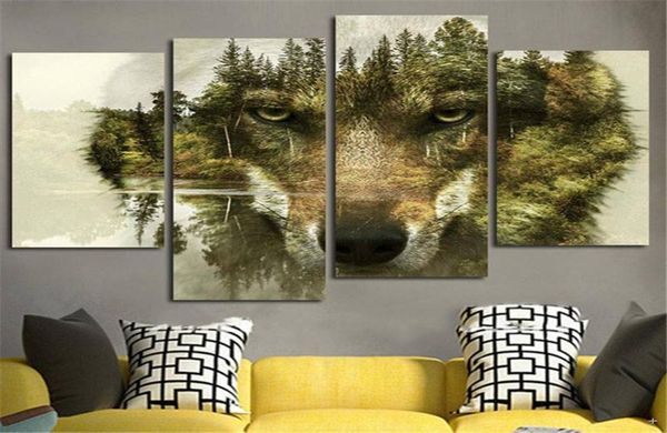 4 pièces moderne toile peinture mur Art photo décoration de la maison loup forêt eau Animal impression sur toile œuvre décoration murale 8980025