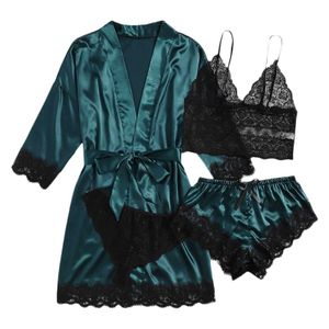 4-delige pyjama sets vrouwen streep effen kleur zomer satijn zijden gewaad sets sexy ademende gezellige kant nachtkleding v-hals pyjama femme Q0706