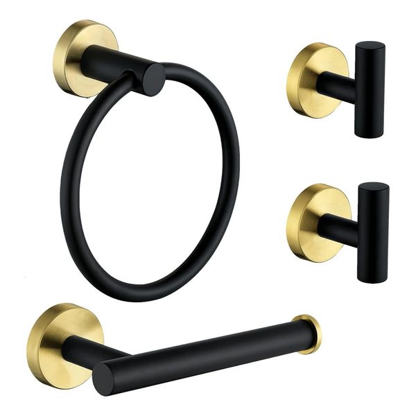 Juego de accesorios de baño de 4 piezas de acero inoxidable, negro mate y oro cepillado, incluye soporte para anillo de toalla de mano, papel higiénico 240304