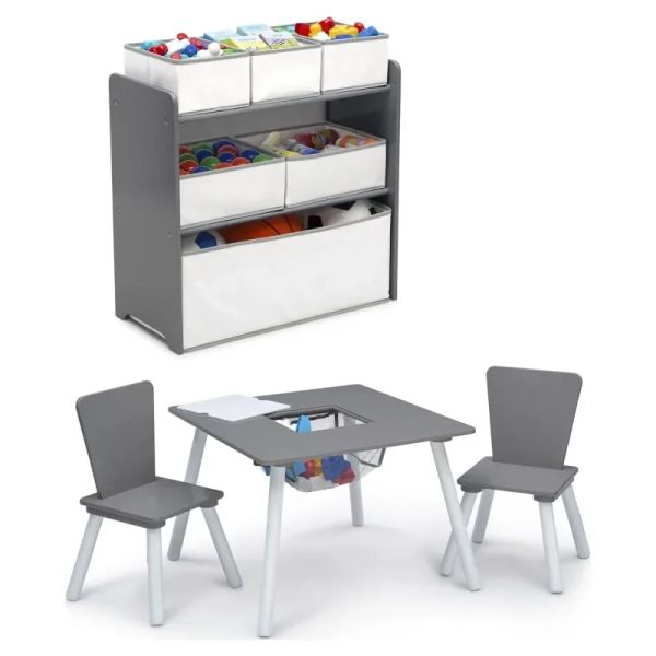 Juego de sala de juegos para niños pequeños de 4 piezas, escritorio escolar gris/blanco y silla para niños