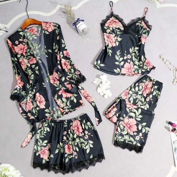 Femmes 4 pièces Floral Set Set Printemps Summer Mur Sleeping Robe + Top + Short + Pant Dot Flower Lace Sexy Pajamas Setwear