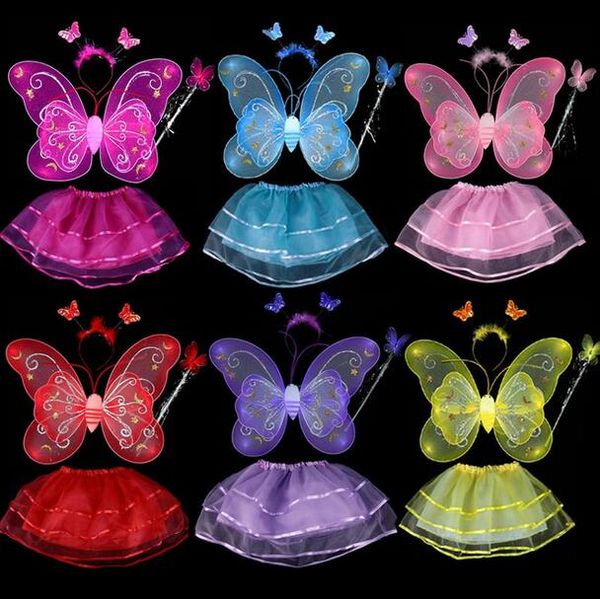 4 Pièces Enfants Halloween Costume Ensemble Double Couche Angle Papillon Fée Ailes Baguette Magique Bandeau Fête D'anniversaire Cadeau G457